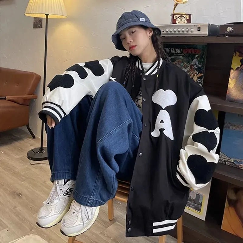 Stitching Heart Embroidery Loose Student Jacket Trendy