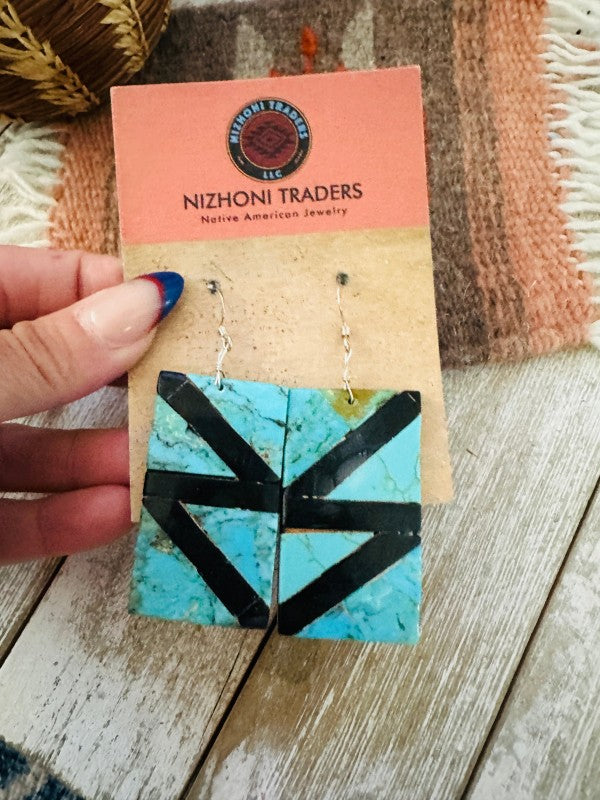 Santo Domingo Turquoise & Onyx Inlay Dangle Earrin