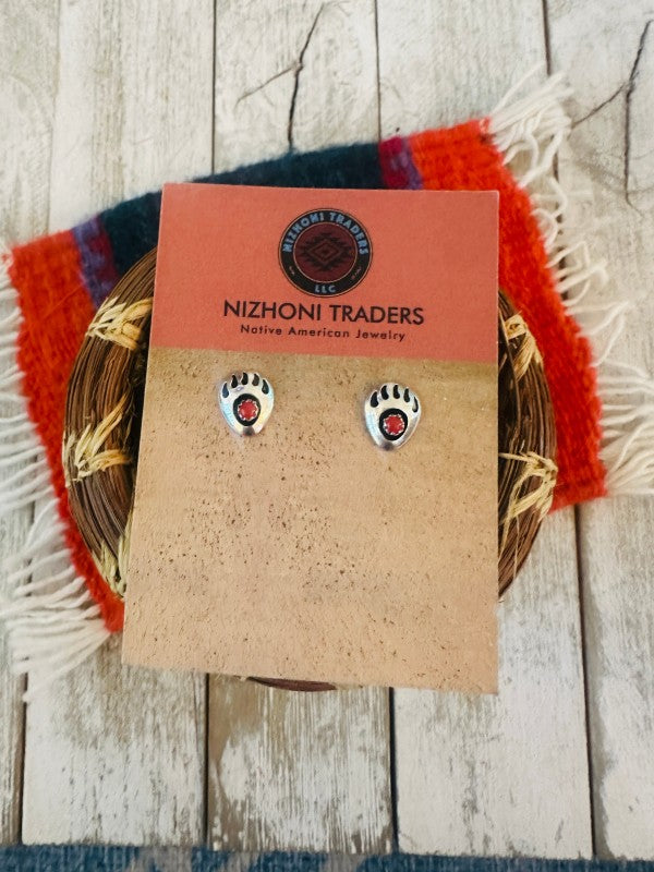 Navajo Coral & Sterling Silver Bear Paw Stud Earri