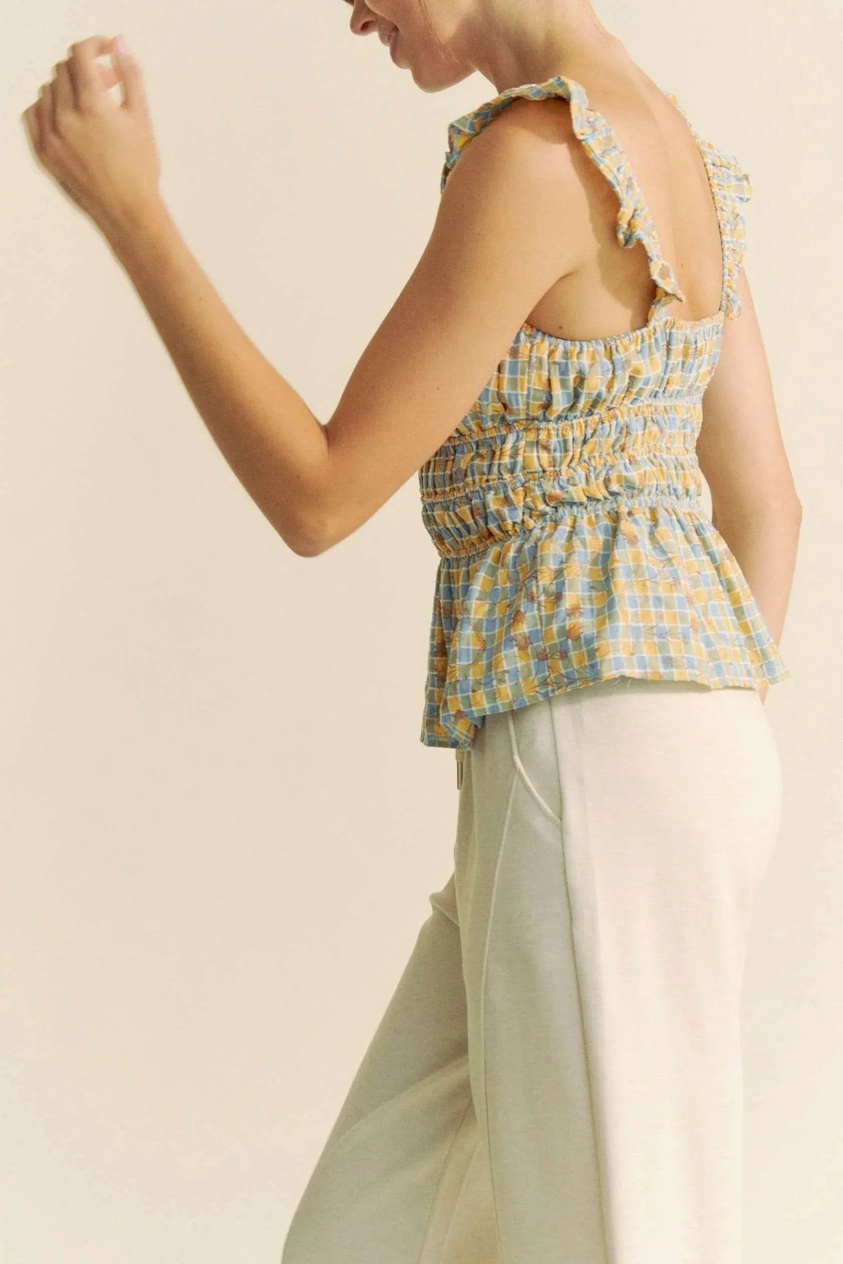 Davi & Dani Plaid Ruffled Strap Smocked Sleeveless Top