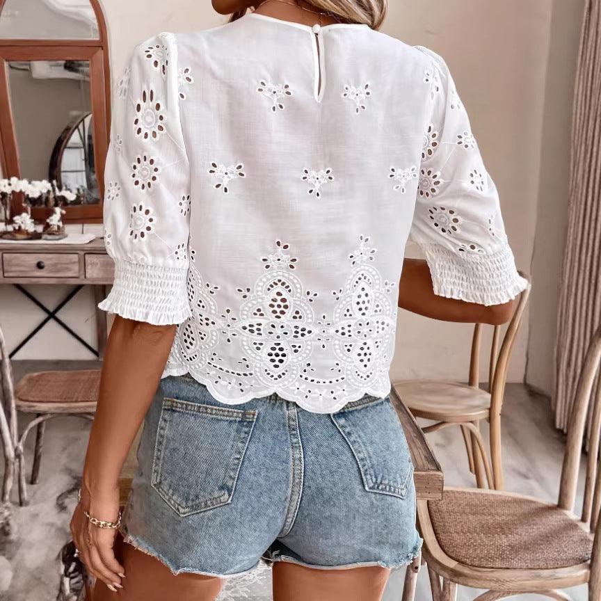 Hollow-Out Embroidered Three-Quarter Sleeve Shirt – Women's Elegant Pullover Top