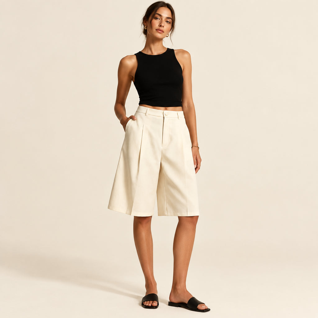 Women's Pleated Tailored Bermuda Shorts with Pockets