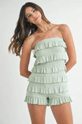 MABLE Pointelle Knit Fabric Ruffled Tube Romper