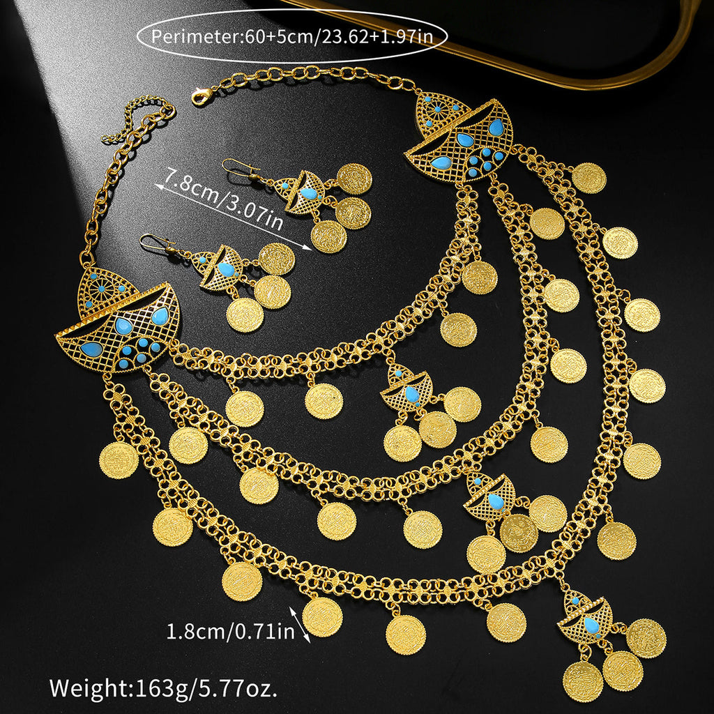 1set Fashion Retro 18k Gold Tassel Necklace Earrings Coin Middle East Set Multi-layer Set, Suitable For Holiday Gifts, Gatherings And Weddings To Wear
