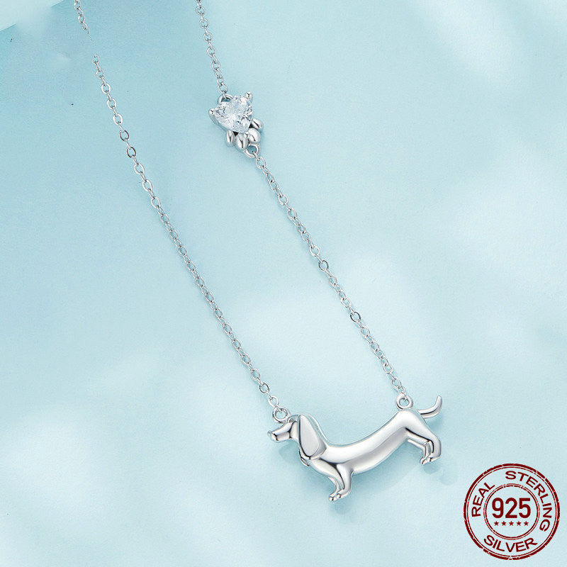 Sterling Silver Ornament S925 White Gold Plated Cute Sausage Dog Necklace