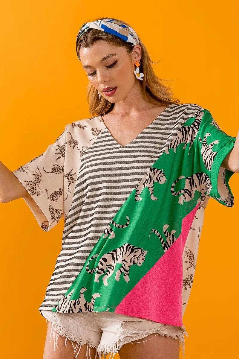 BiBi Tiger W Stripe Contrast Color Block V Neck Top