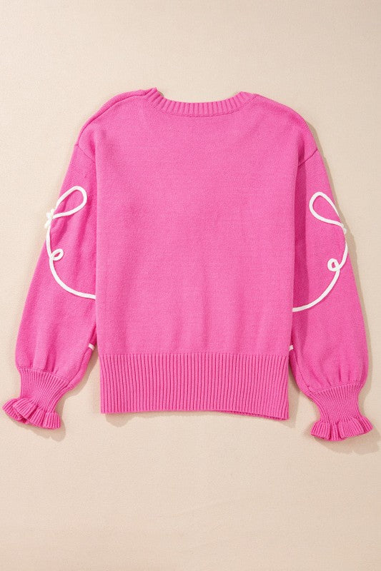 Bow Corded Floral Ribbed Trim Sweater