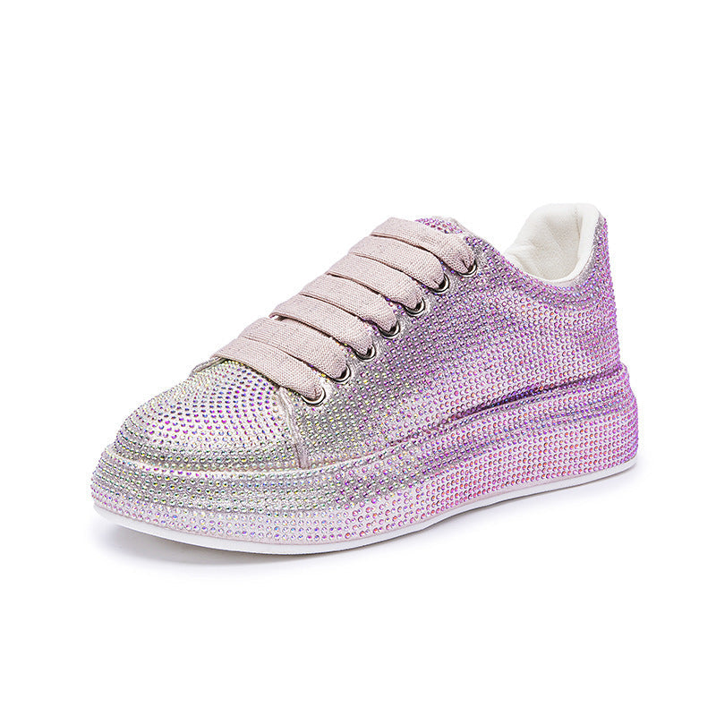 Women's Rhinestone-Embellished Sports Shoes - Waterproof White Wedge Sneakers (4-6cm Heel, Microfiber Leather)