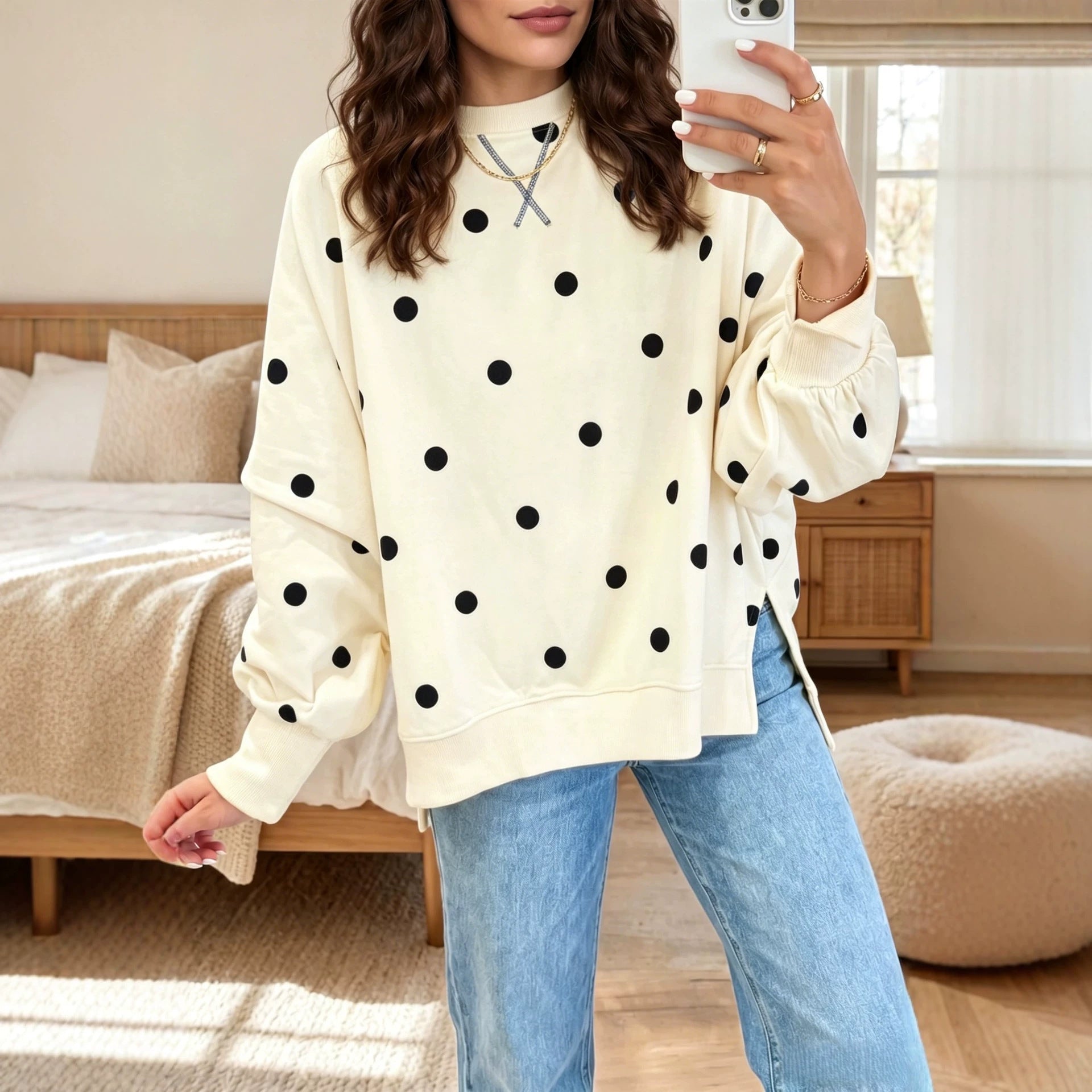Women's Polka Dot Loose Hoodie Sweatshirt – Long Sleeve Pullover Top