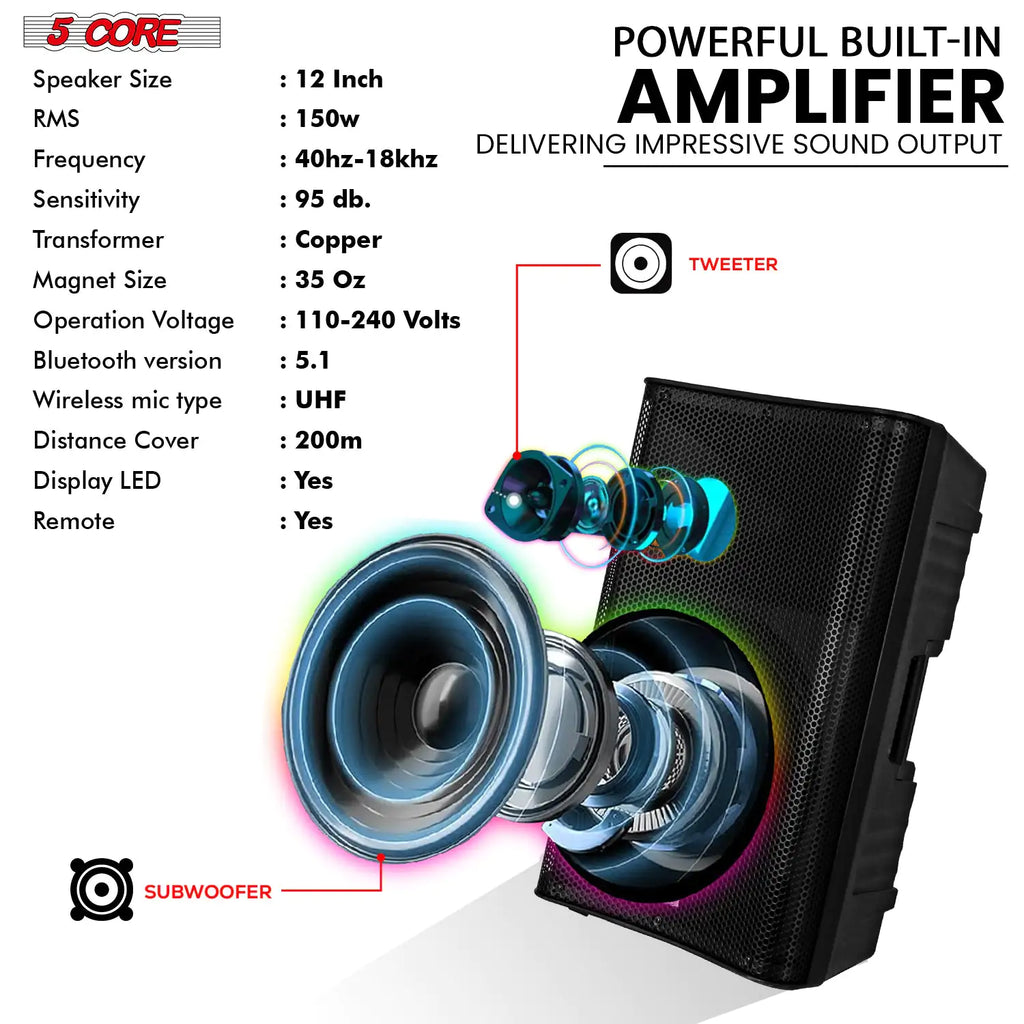 5 Core 12 Inch Professional 3000W Powered PA System Pair 2 Way TWS Bluetooth Speaker +4 Wireless UHF Mics +2 Stand +2 Bags XLR in/Out Active Preamp Outdoor Sound Set for DJ Party