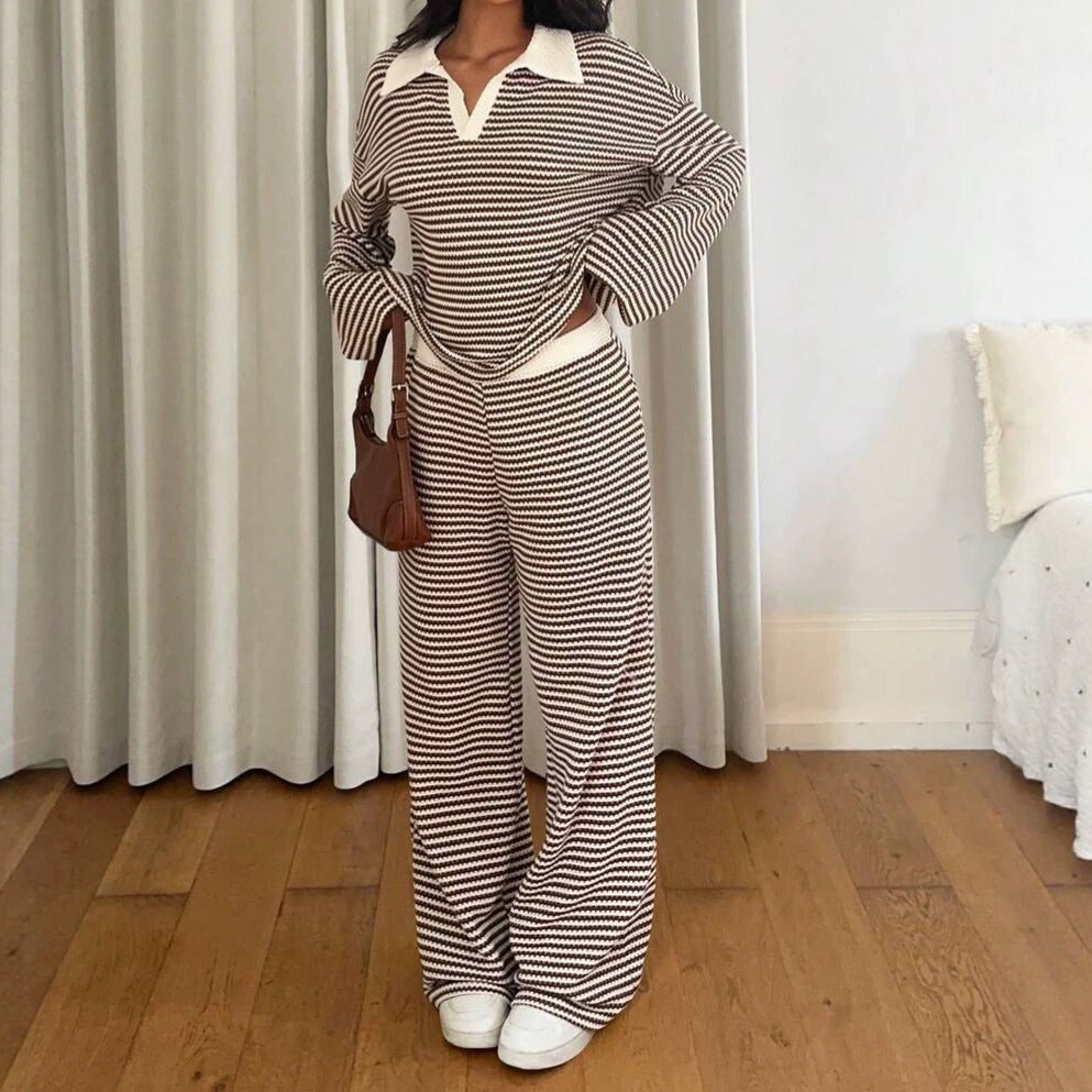 Women's Striped Wide Leg Pants Set – Long Sleeve Polo Crop Top & Trousers