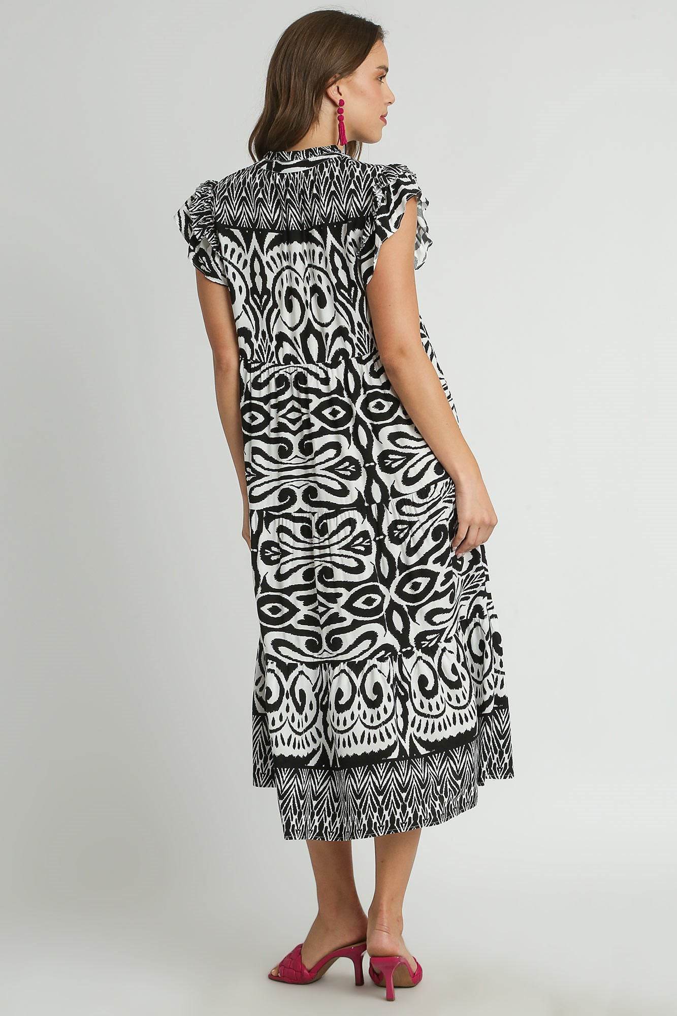 Umgee Full Size Two Tone Border Print Ruffle Cap Sleeve Midi Dress Plus Size