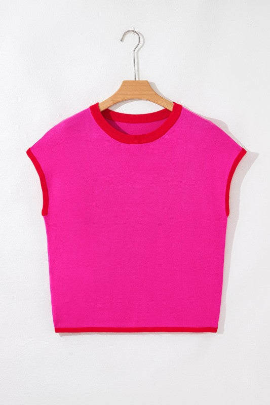 Contrast Trim Crewneck Short Sleeve Sweater