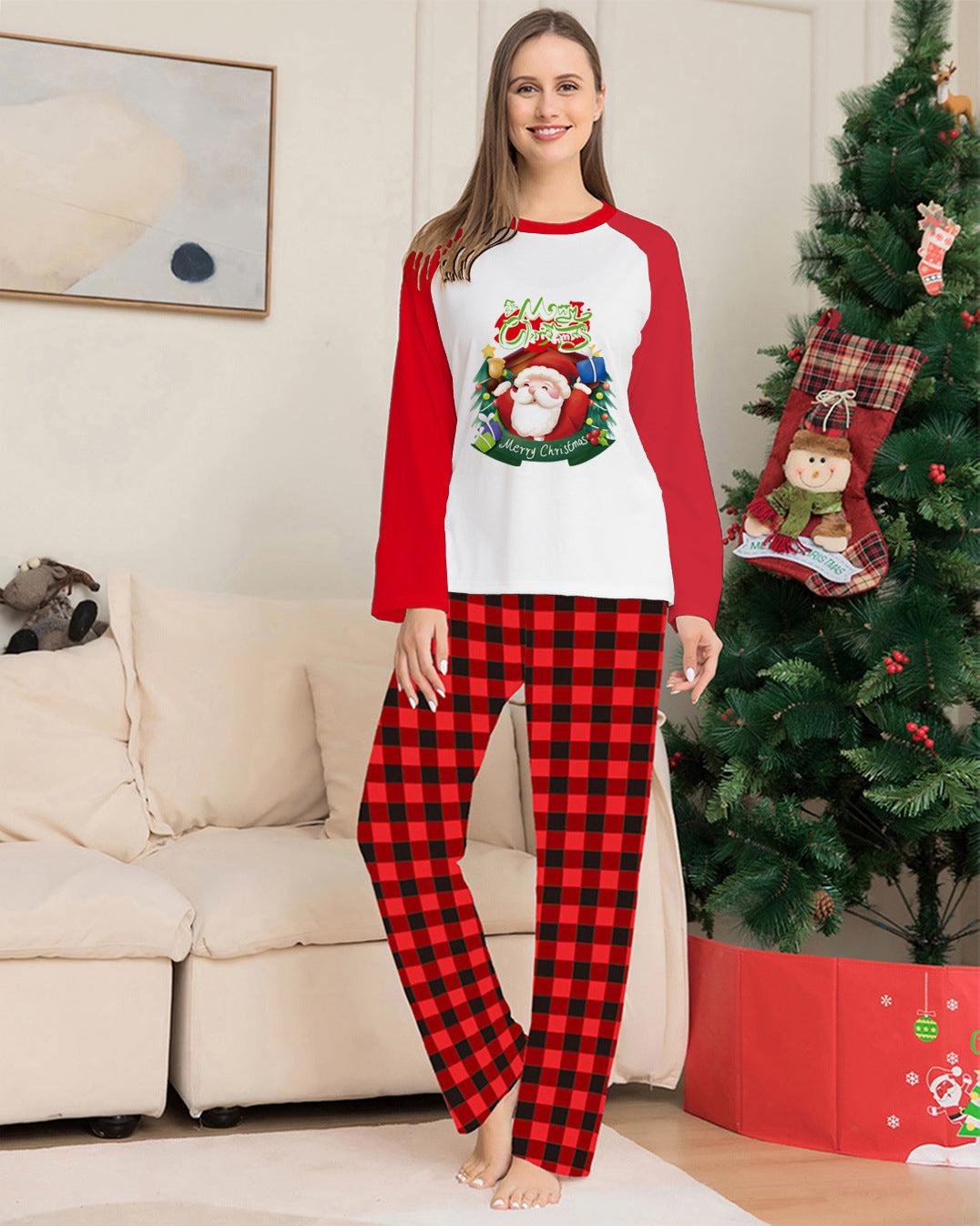 Parent-Child Clothes Set Long Sleeve T-Shirt Plaid Pants Family Matching Pajamas