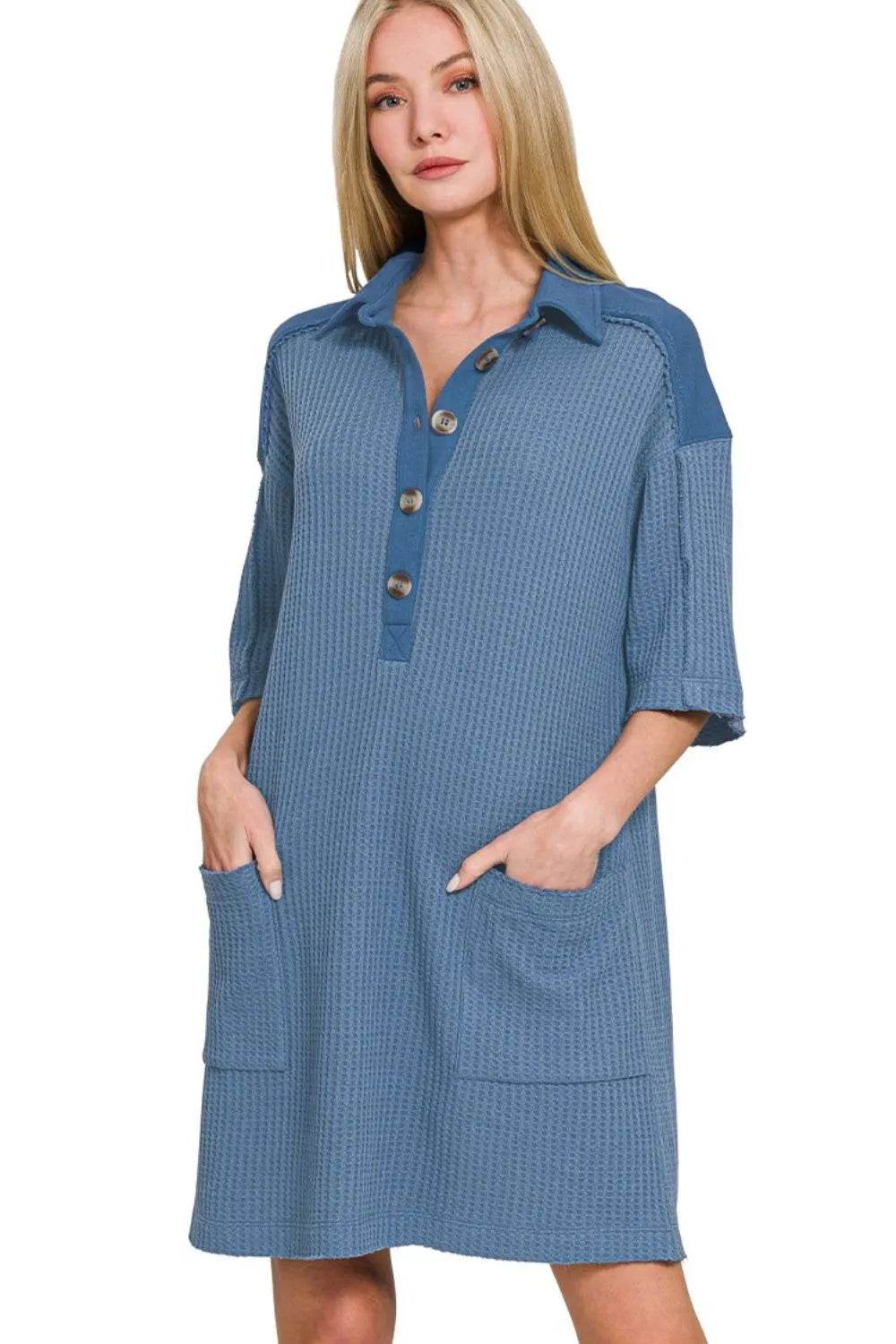 Zenana Waffle Half-Button Dress with Pocket