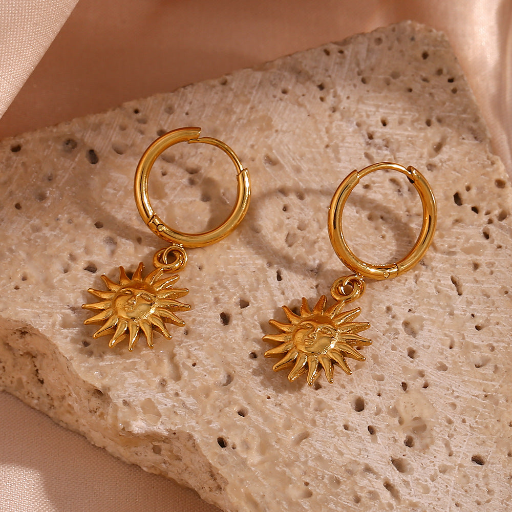 18K Gold Earrings Temperament Light Luxury Sun Element Trend Pendant Earrings Titanium Steel Plated