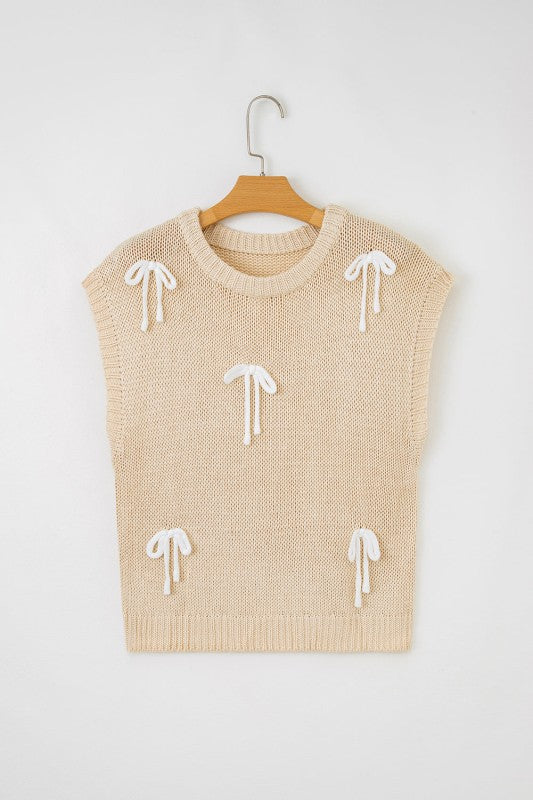Solid Bow Applique Cap Sleeve Sweater