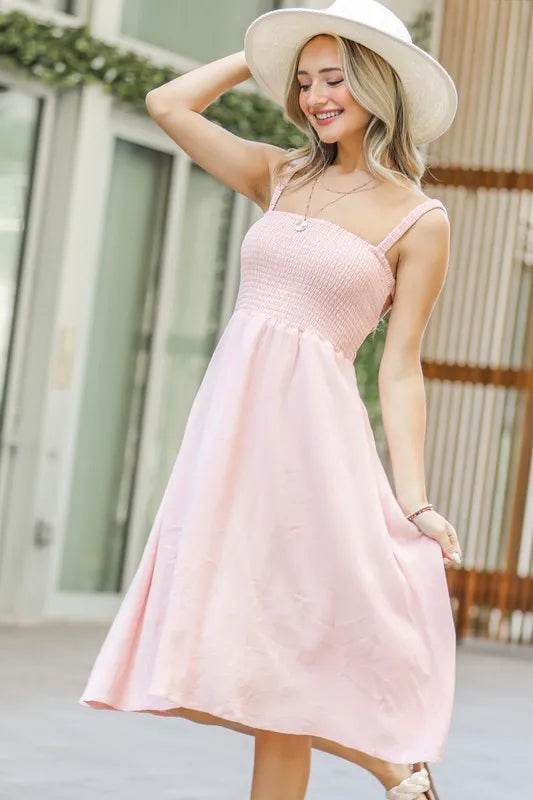 And The Why Smocking Open-Back Sleeveless Midi Dress