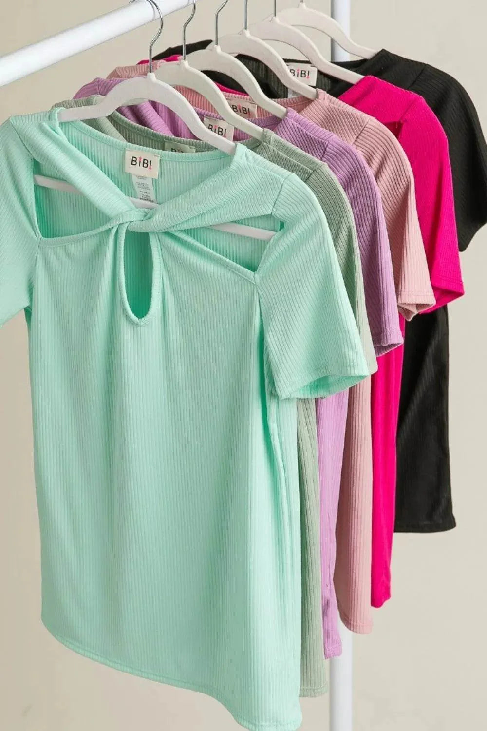 BiBi Rib Knit with Cut Out and Front Twist Detailed Top