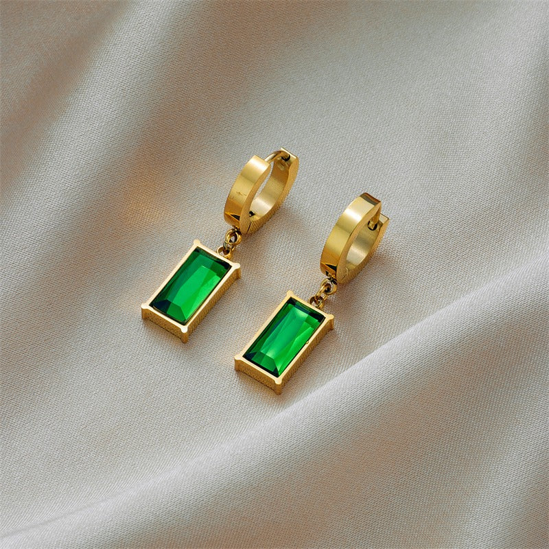 Green Gemstone Titanium Huggie Earrings