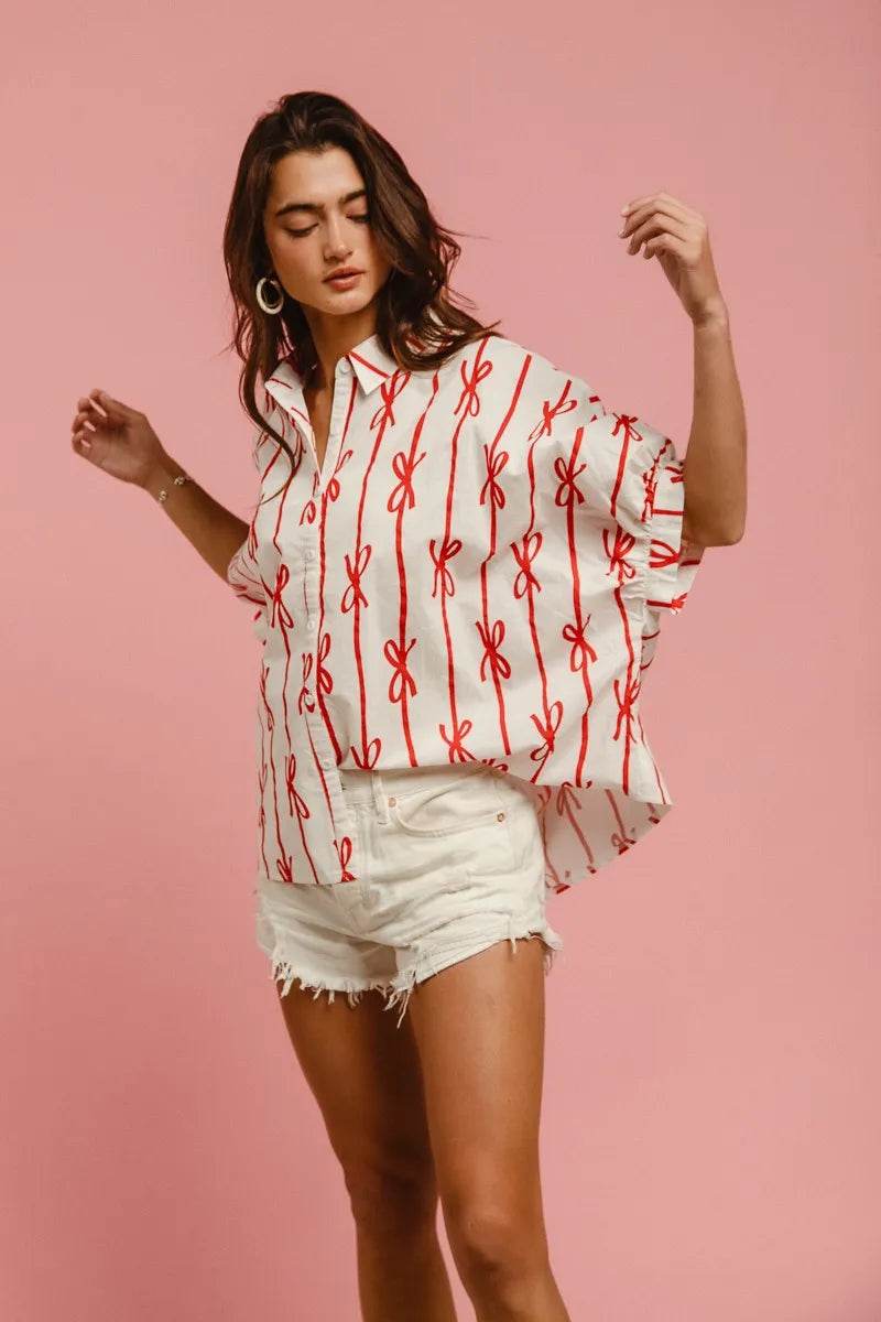 BiBi Bow Ribbon Woven Printed Button Down Shirt