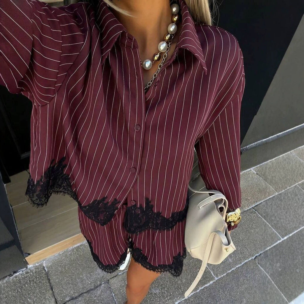 Women's Striped Lace Trim Shirt & Drawstring Shorts Set – 2-Piece Matching Set