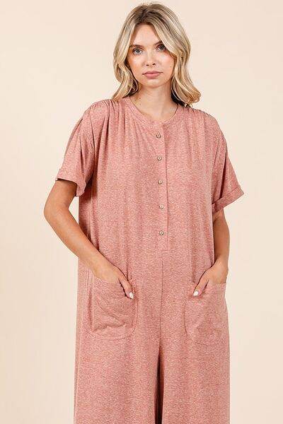 Mittoshop Button Detail Jumpsuit - Short Sleeve Wide Leg Jumpsuit
