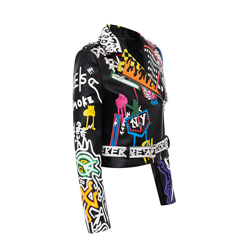 Punk Rock Motorcycle Jacket - Women's Faux Leather Biker Jacket with Studs & Epaulets - Edgy Streetwear, Slim Fit