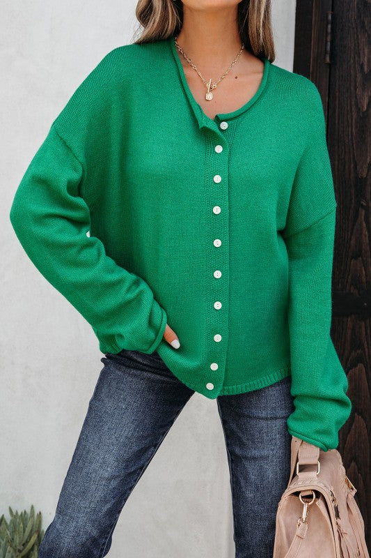 Solid Knit Button-Up Drop Shoulder Sweater Cardiga