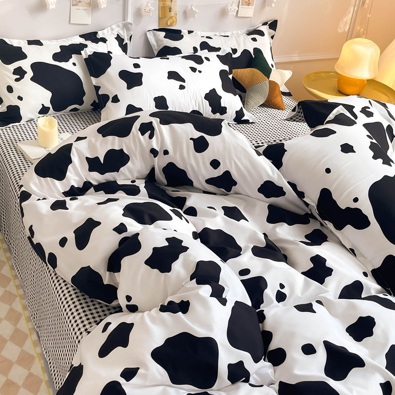 Washed Cotton Bedding Set - Plant and Flower Pattern Four-Piece Duvet Cover Set