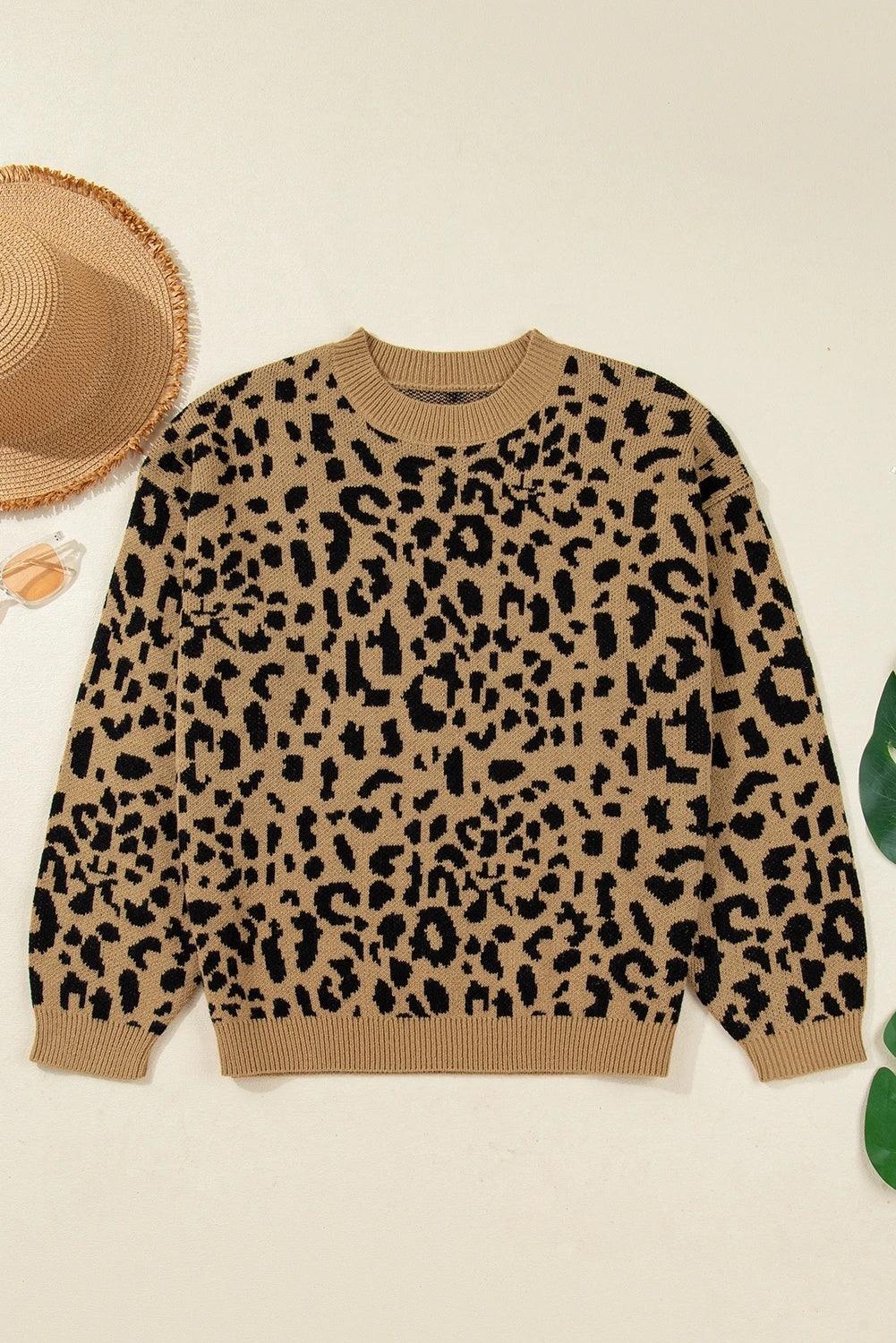 Light French Beige Rib Trim Round Neck Leopard Print Off-shoulder Sweater