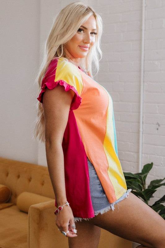 Stormi Color Block Ruffled Crew Neck Loose Fit Top
