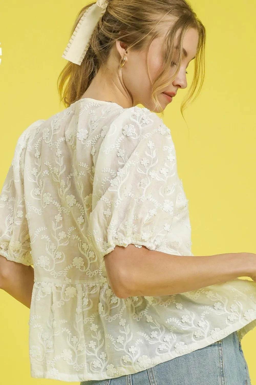 Umgee Embroidered Tie Front Peplum Blouse