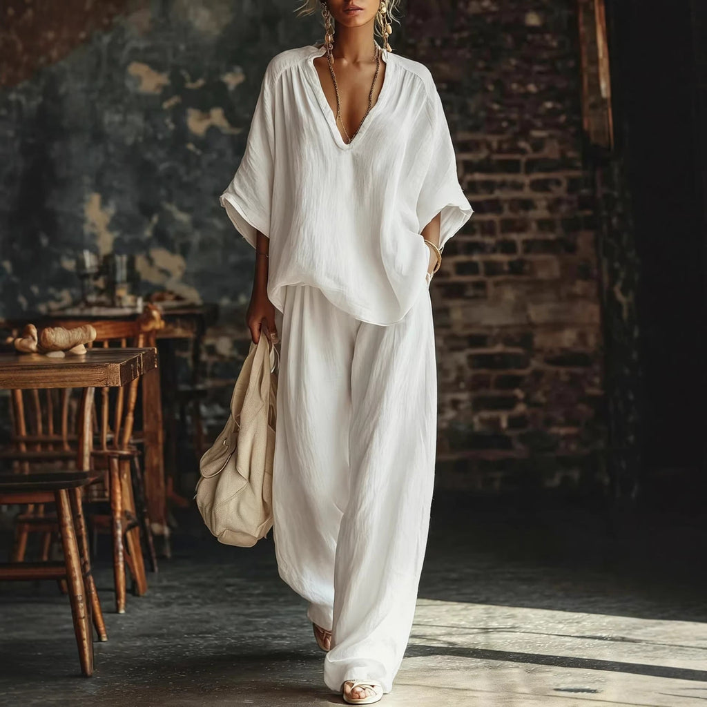 V-Neck Loose Short-Sleeve Top & Pants Set – 5 Colors, S–3XL