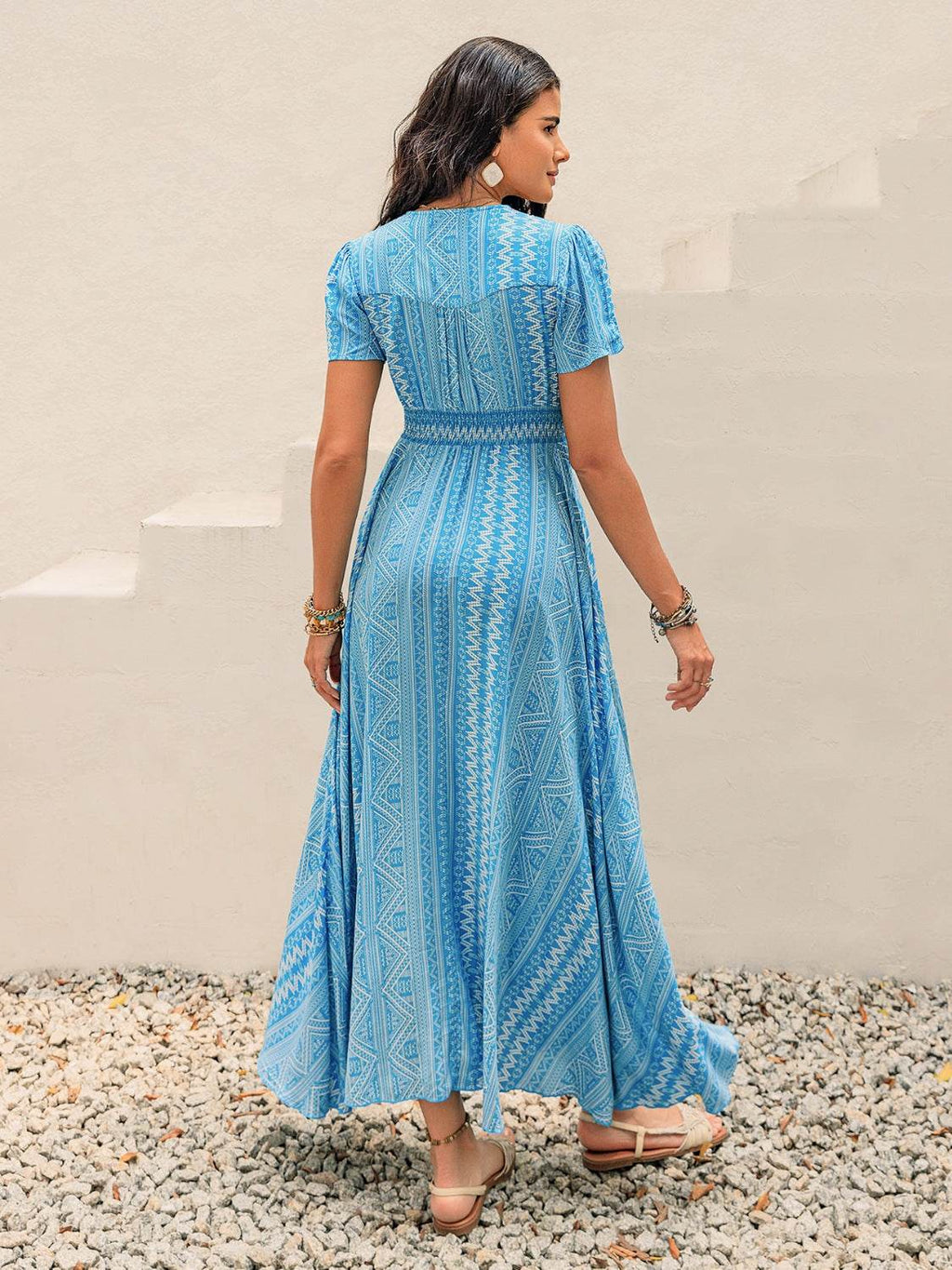Printed Button Down Short Sleeve Maxi Dress