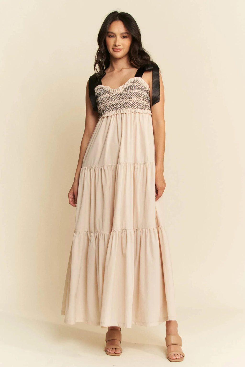 Davi & Dani Multi Contrast Smocked Bodice Straps Maxi Dress