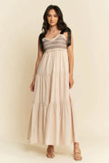 Davi & Dani Multi Contrast Smocked Bodice Straps Maxi Dress
