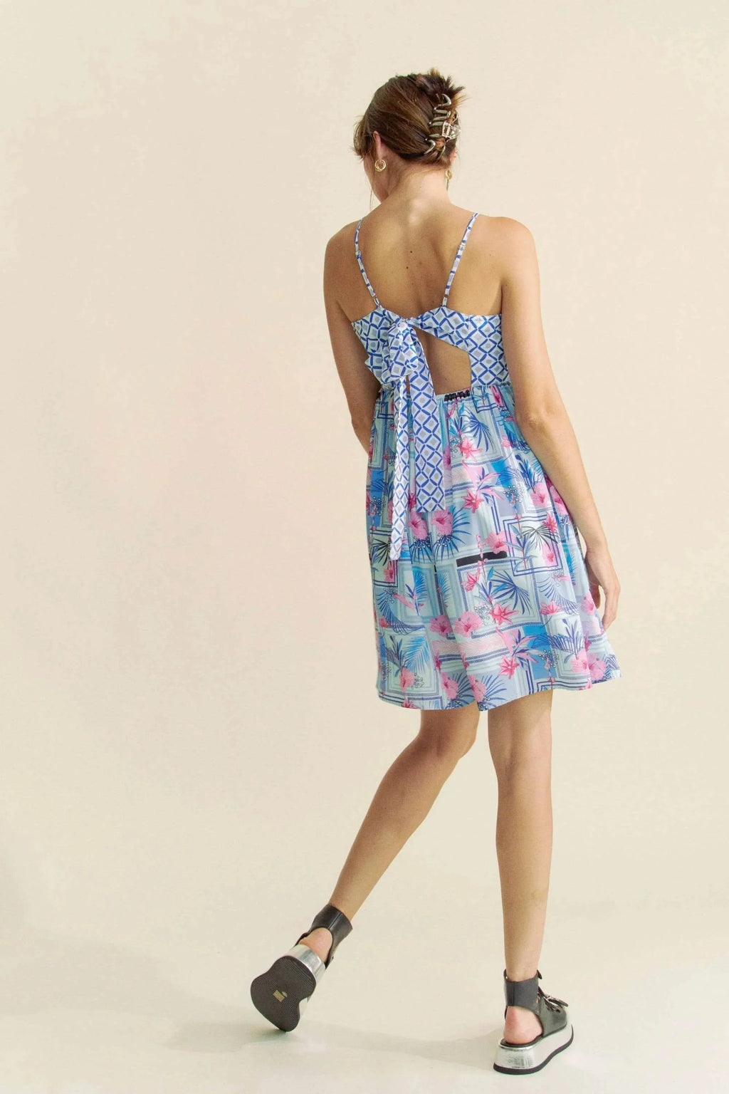 Davi & Dani Tropical Floral Geo Print Tie Back Tube Top Romper