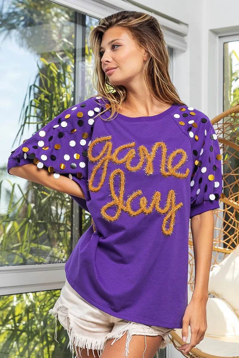 BiBi Game Day Metallic Letter Spangle Sleeve Top