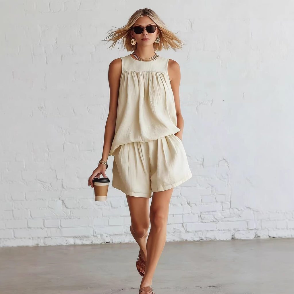 Women's Cotton-Linen Sleeveless Top & Wide-Leg Shorts Set – Retro Street Style