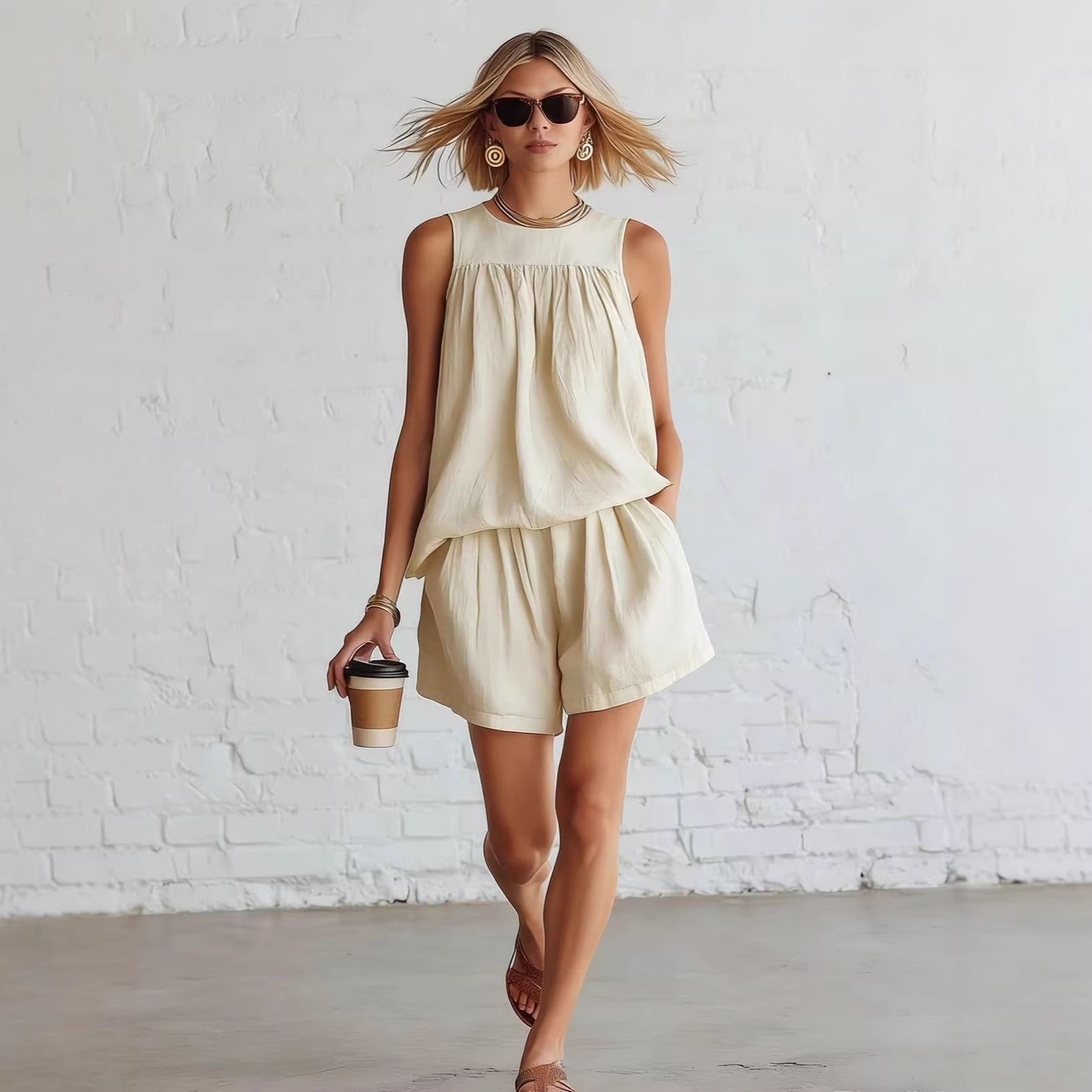 Women's Cotton-Linen Sleeveless Top & Wide-Leg Shorts Set – Retro Street Style