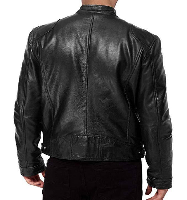 Slim Fit PU Leather Jacket - Stand Collar Youth Biker Jacket with Metal Details