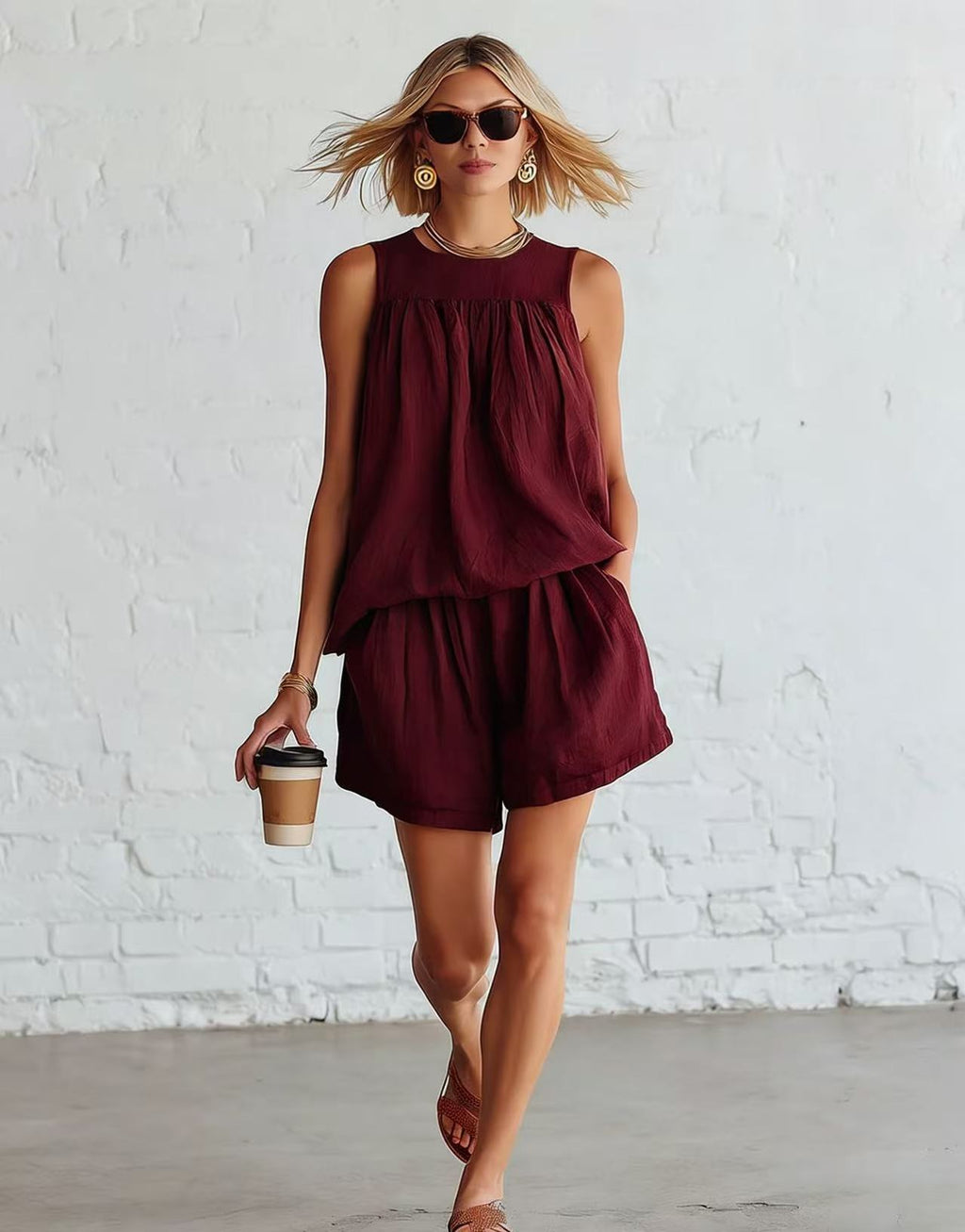 Women's Cotton-Linen Sleeveless Top & Wide-Leg Shorts Set – Retro Street Style