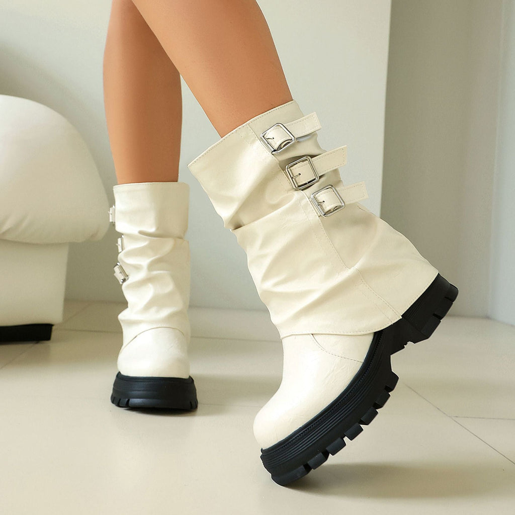 Women's Punk Slouchy Triple Buckle Mid-Calf Boots – Crinkled PU Platform