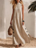 Cotton Linen Sleeveless Midi Dress – Side Slits & Loose Fit