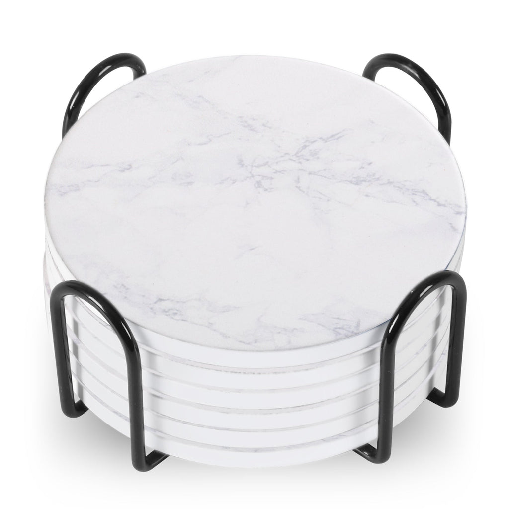 Set Of 6 Beverage Coasters With Stand Round 4in Ceramic Coaster With Metal Stand Absorbent Marble Stone Coaster With Cork Base