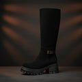 Women's Chunky Heel Knee-High Boots – Faux Suede & PU Platform Block Heel