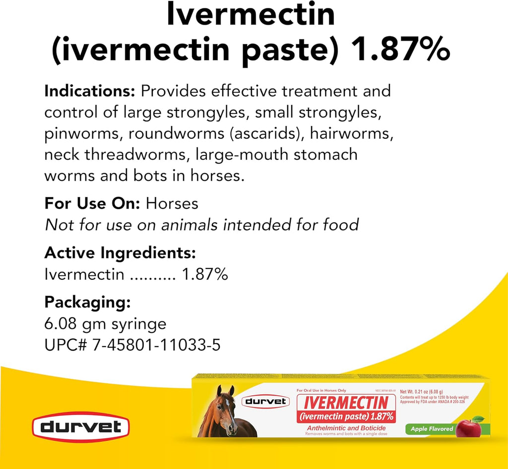 Durvet Ivermectin Horse Wormer Apple Flavor Broad Spectrum Equine Dewormer 24PCK