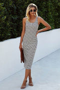 Button Scoop Neck Solid Slim Midi Bodycon Dress