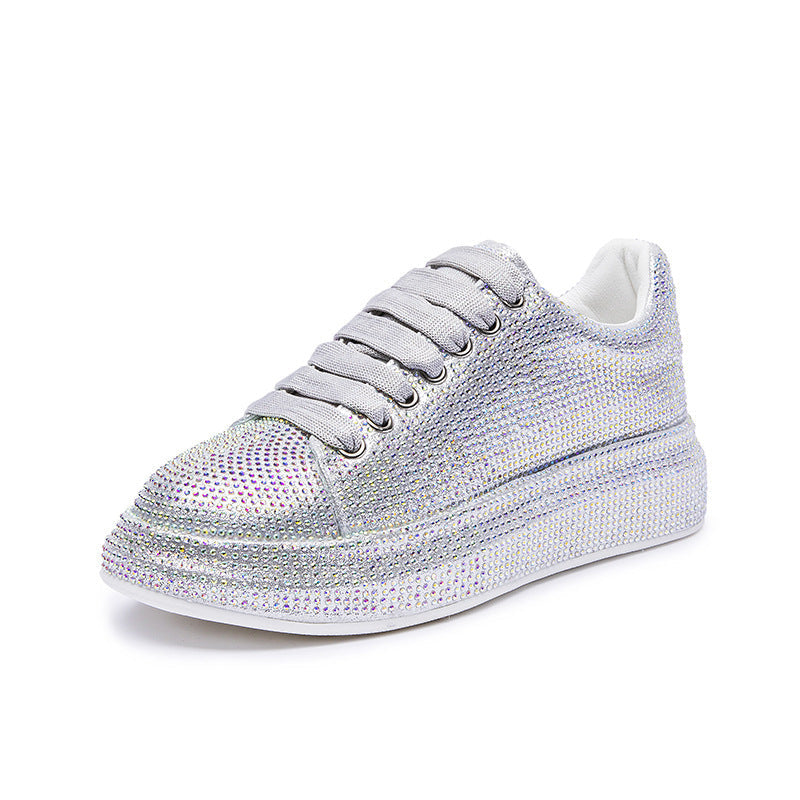 Women's Rhinestone-Embellished Sports Shoes - Waterproof White Wedge Sneakers (4-6cm Heel, Microfiber Leather)